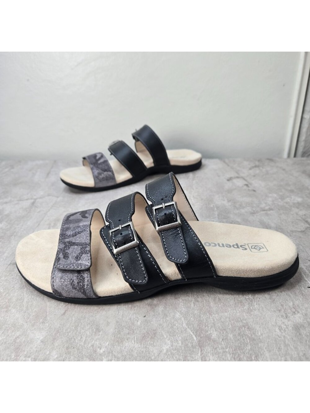 Spenco Orthopedic Slides Sz 10 Black Leather Slip On Comfort Summer Flat Sandals